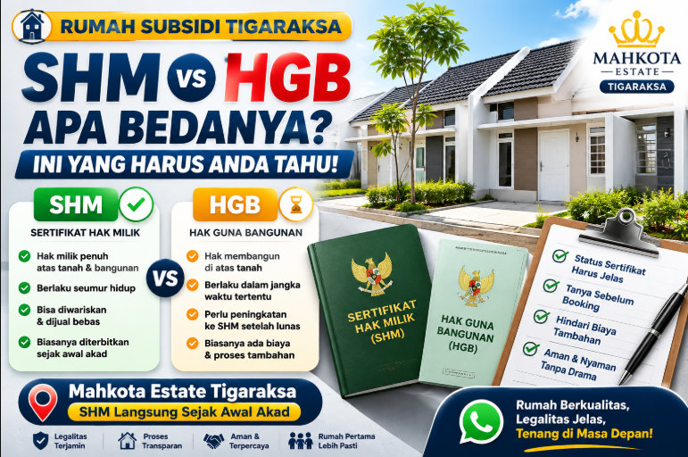 Rumah subsidi Tigaraksa Mahkota Estate dengan SHM sejak awal dibandingkan HGB