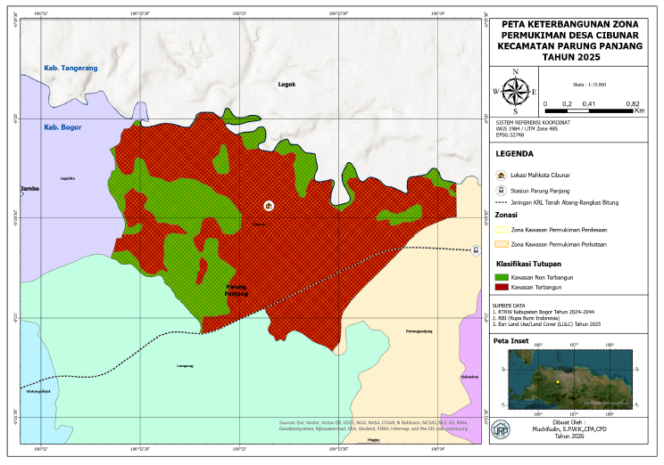 Peta keterbangunan zona permukiman Desa Cibunar Parung Panjang 2025 berdasarkan RTRW Kabupaten Bogor dan LULC Esri